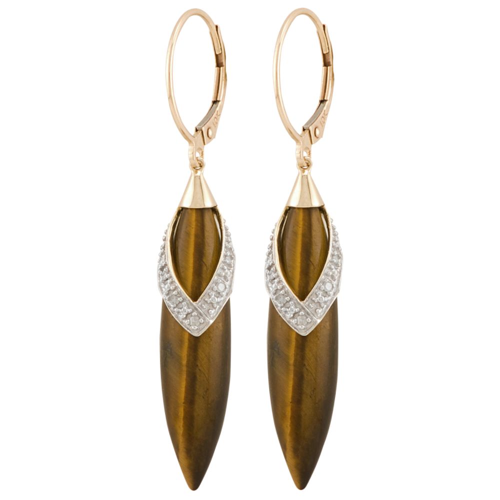 Tiger Eye And Diamond Accent Earring. 10K Yellow Gold