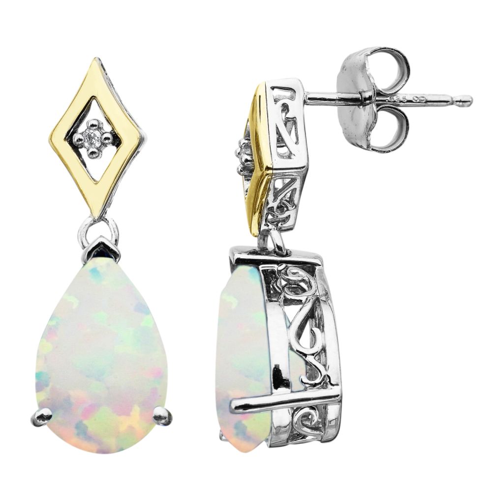 Sg Lab Created Opal And Diamond Drop Earrings. 14K Yellow Gold And
