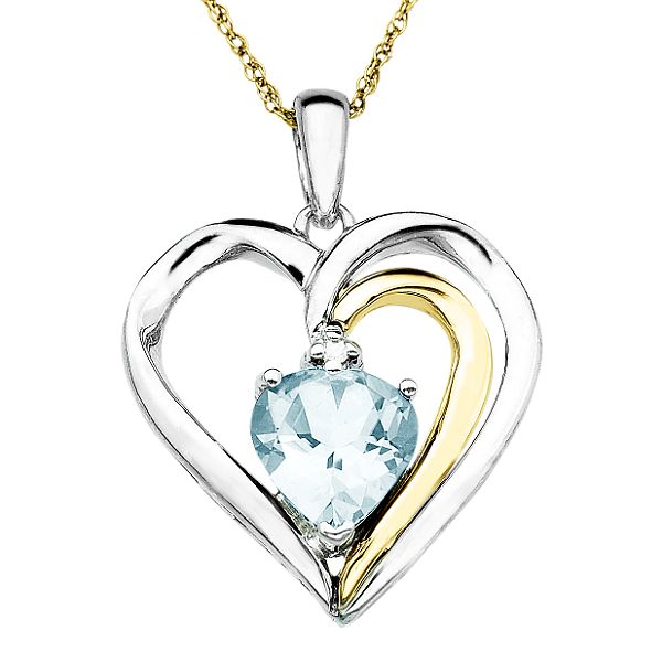 Sg Aquamarine And Diamond Heart Pendant. 14K Yellow Gold And Sterling