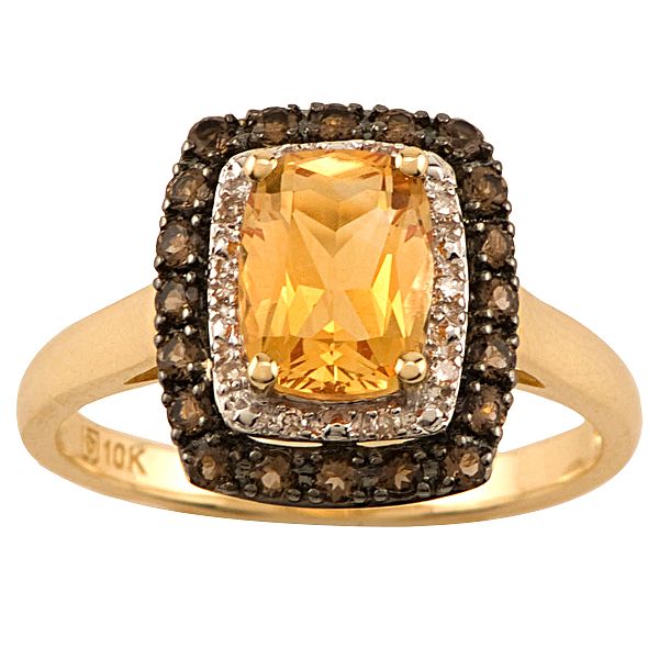 Citrine, Smokey Quartz And Diamond Accent Ring. 10K Yellow Gold