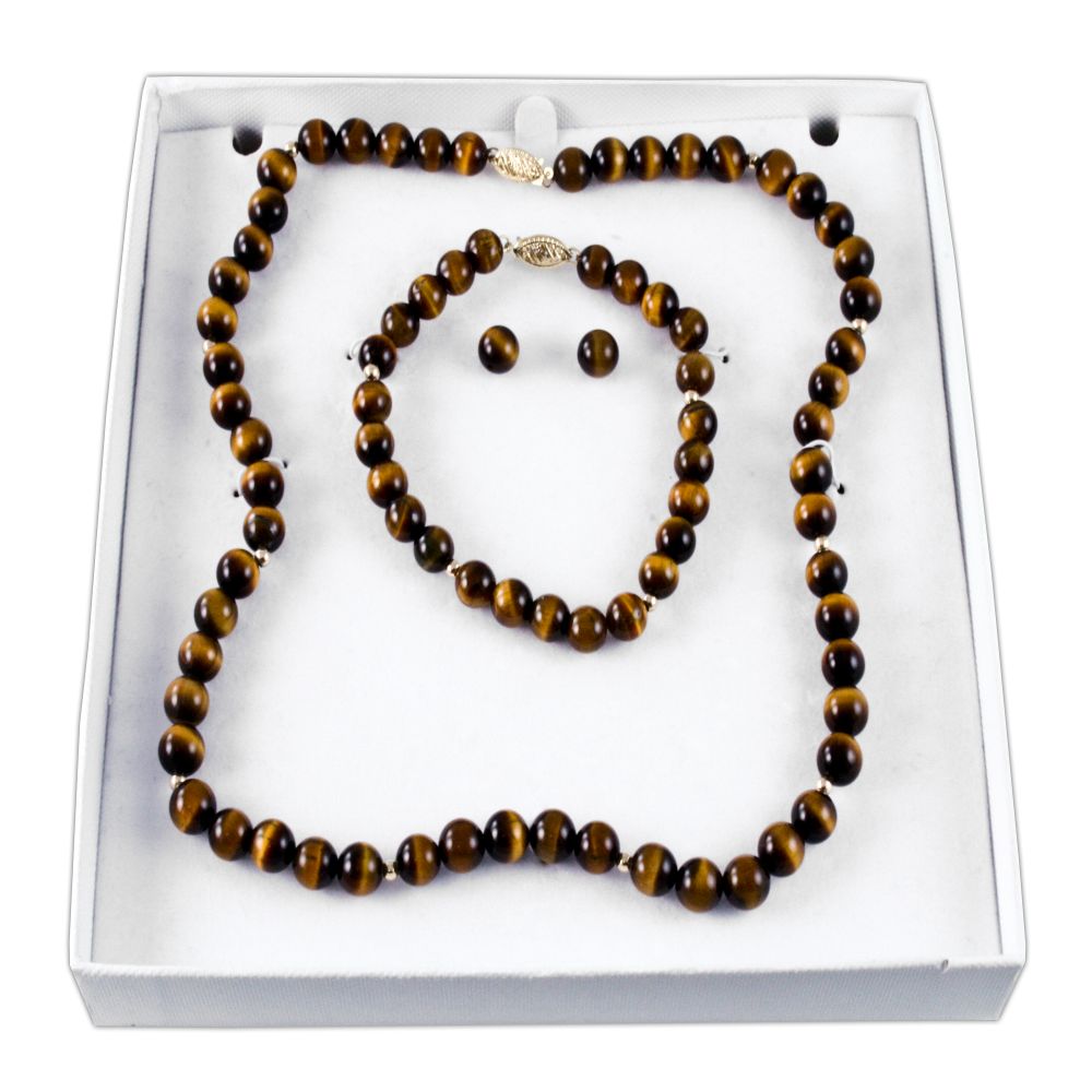 8mm Tiger Eye Necklace, Bracelet And Earring Set. 10K Yellow Gold
