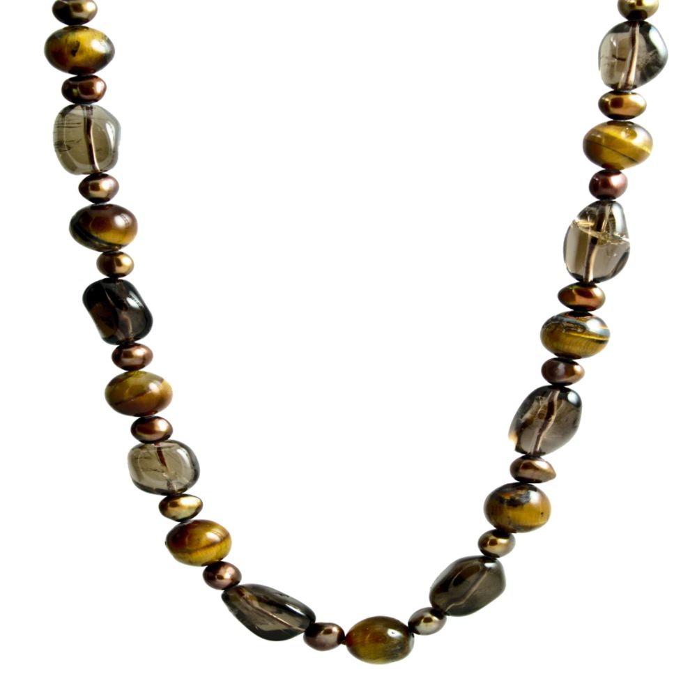 Chocolate Pearl And Tigers Eye 34" Square Bead Necklace. 10K Yellow