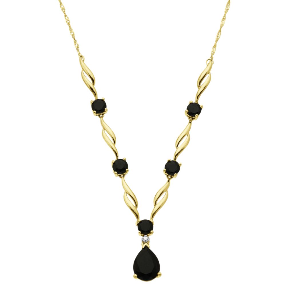 Onyx and Diamond Drop Necklace. 10K Yellow Gold