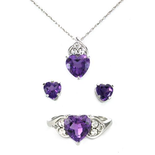 3-Piece Lab Created Amethyst Heart Pendant, Earring & Ring Set in Sterling Silver