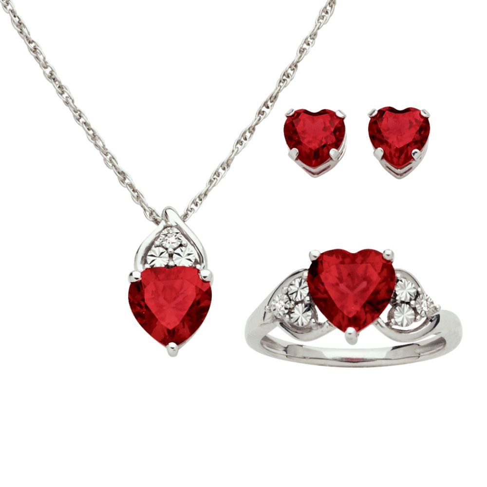 Lab Created Ruby and Diamond Pendant, Earring & Ring Set in Sterling Silver
