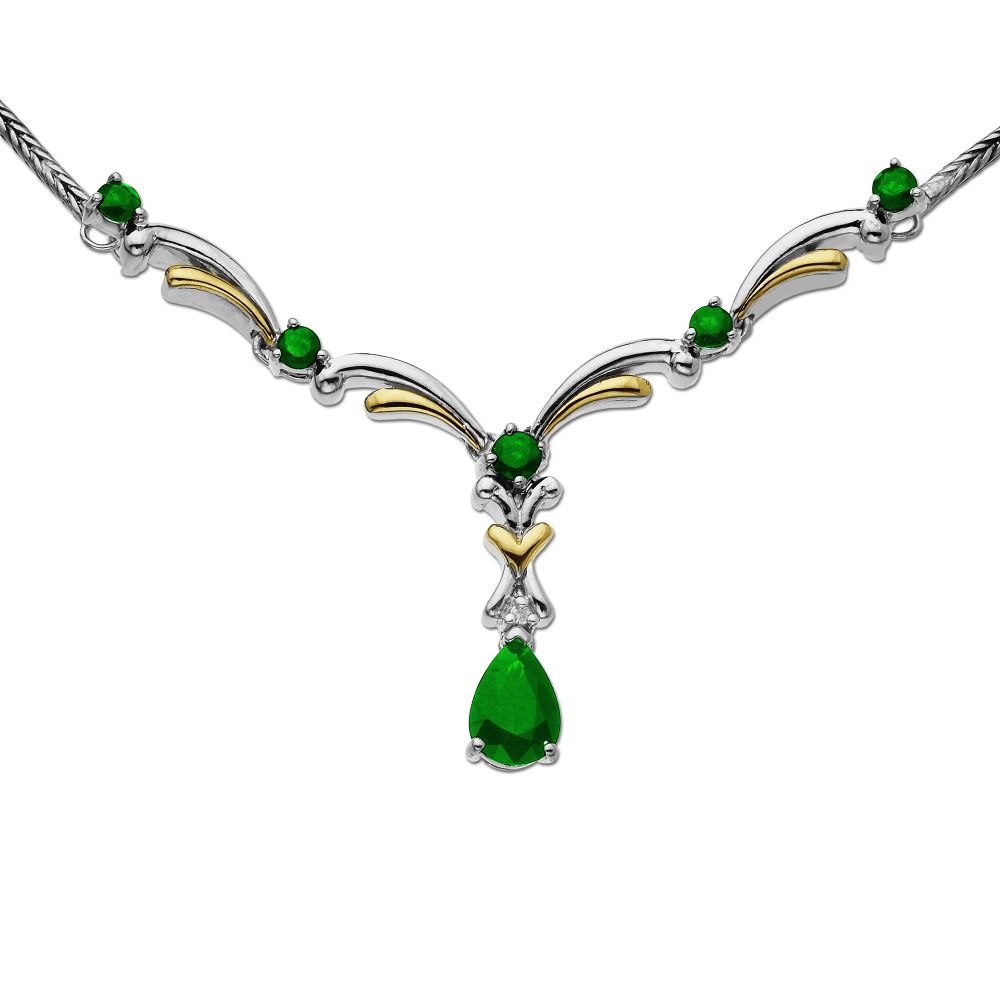 Sg Lab Created Emerald And Diamond Necklace In 14K Yellow Gold And
