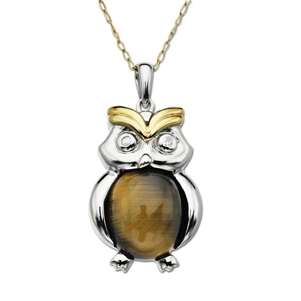 Sg Tiger's Eye Owl Pendant In 14K Gold & Sterling Silver