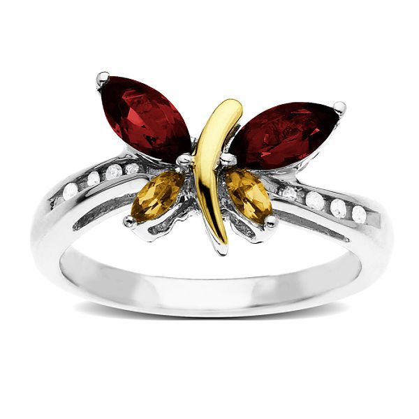 Sg Citrine, Garnet And Diamond Accent Butterfly Ring. 14K Yellow Gold