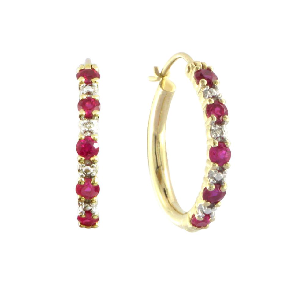 Lab Created Ruby and Diamond Accent Hoop Earring in 10K Yellow Gold