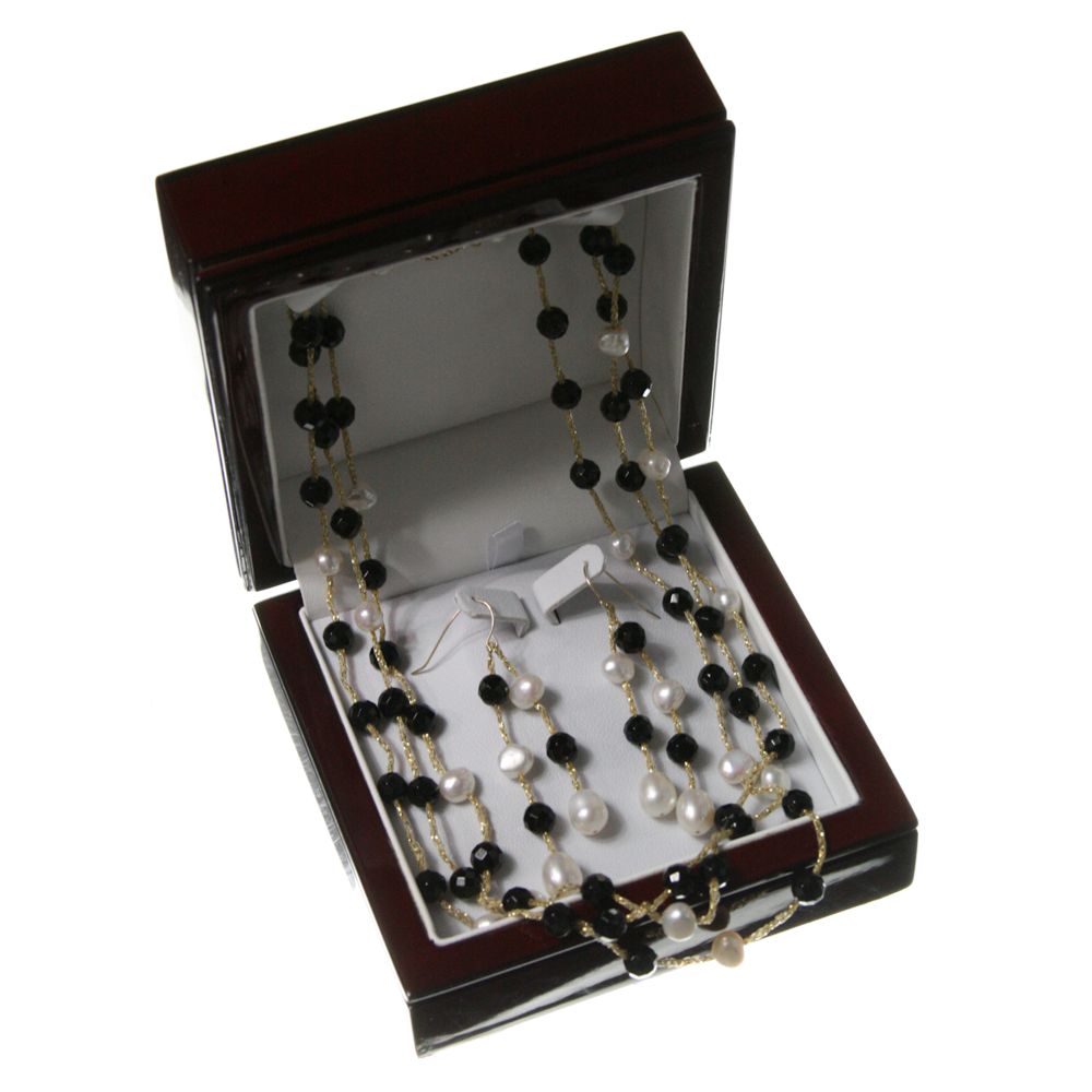 Black Onyx and White Pearl Earring and Necklace Set in 10K Yellow Gold at Sears.com