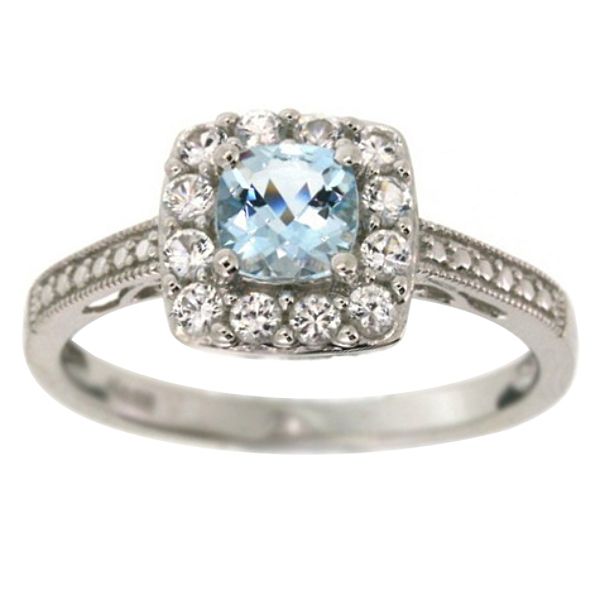 Aquamarine Cushion And White Sapphire Accent Ring In Sterling Silver