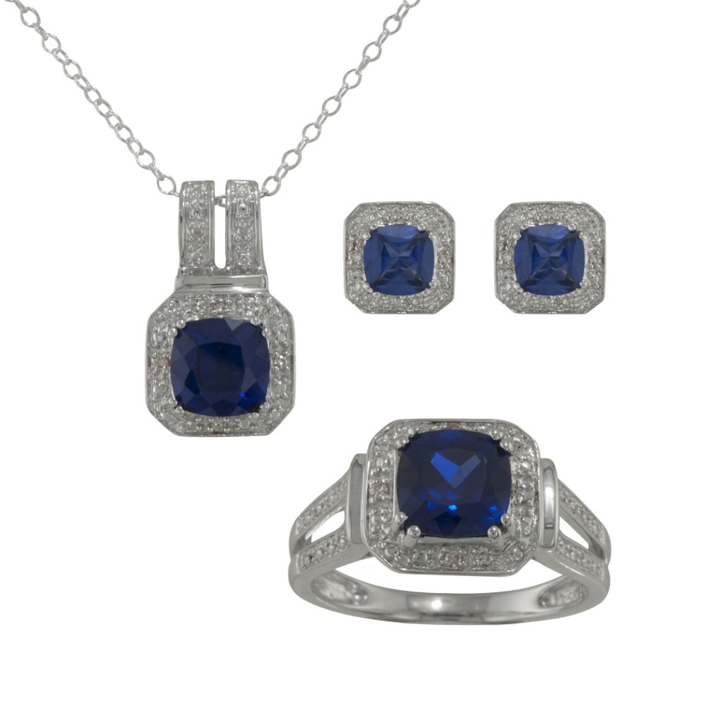 Created Blue Sapphire Jewelry Set in Sterling