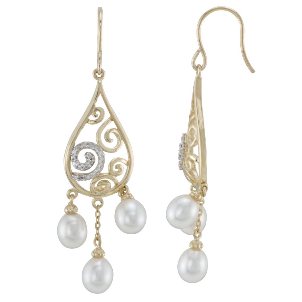 Pearl Diamond Dangle Filigree Earring in 14K Gold Over Silver