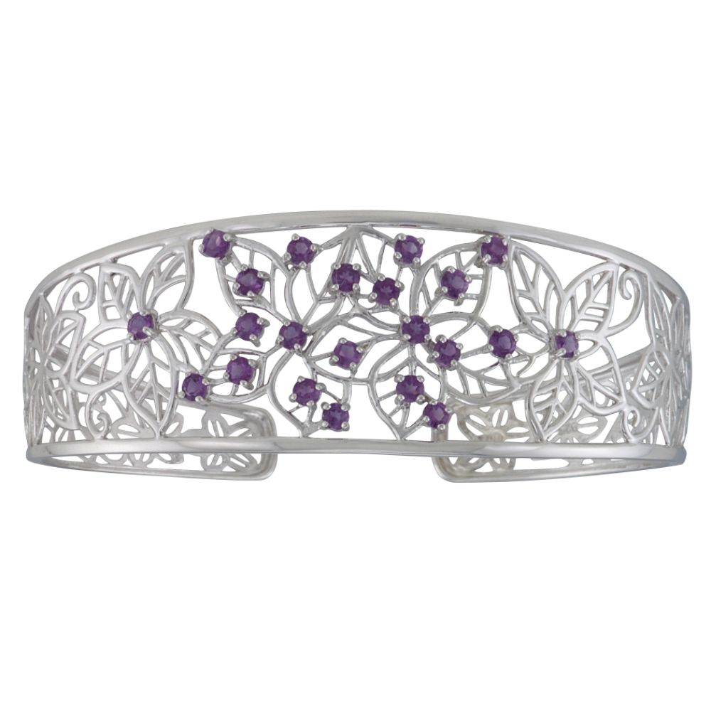 Amethyst Flower Cuff Bangle in Sterling Silver
