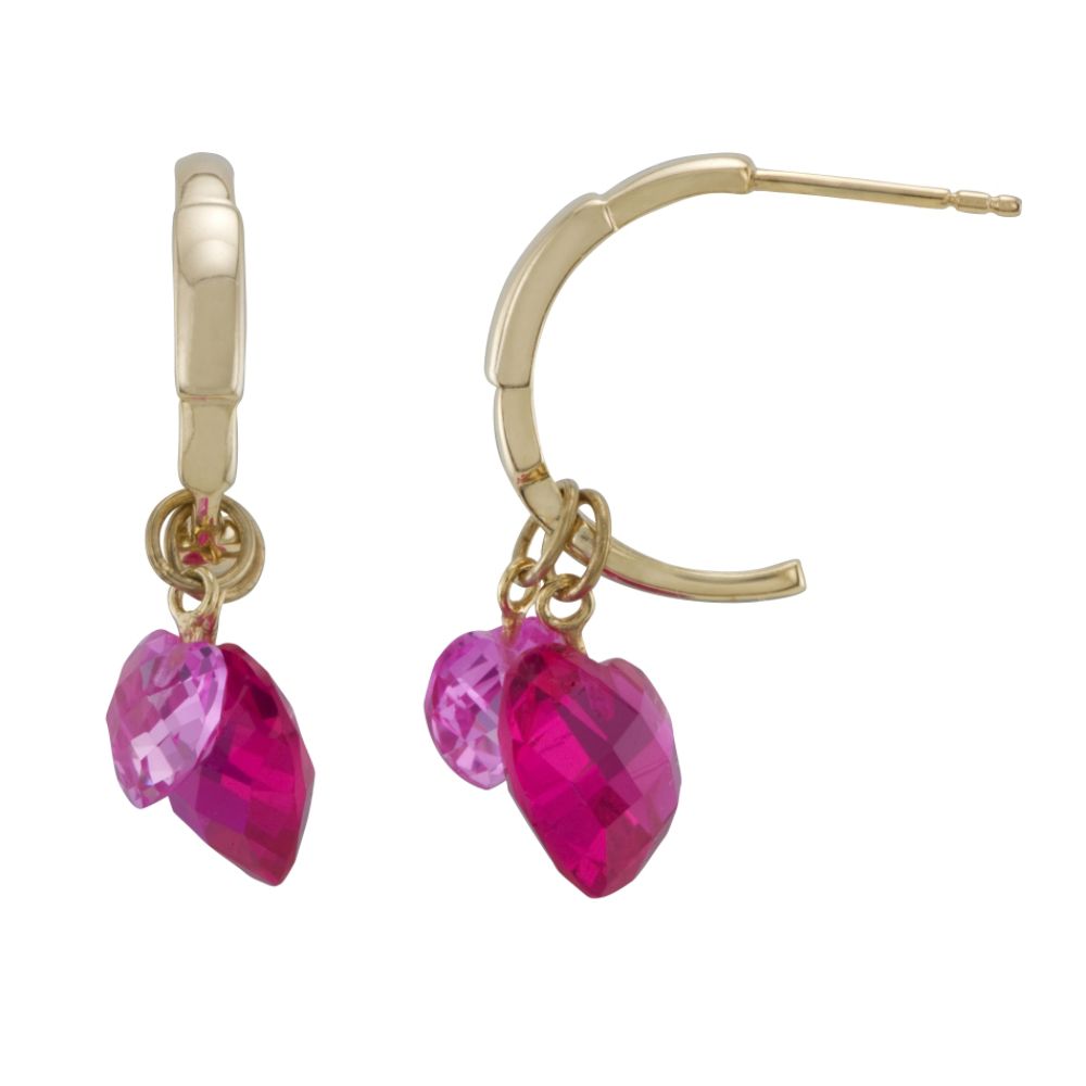 Created Ruby andPink Sapphire Heart Dangle Earrings in 14K Gold Over Silver