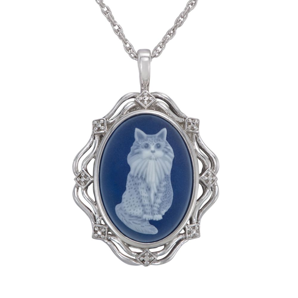 Blue Agate Cat Pendant w/ Chain