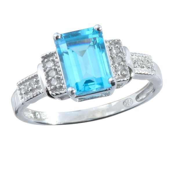 Square Cut Blue Topaz And White Gold Ring With Diamond Accents