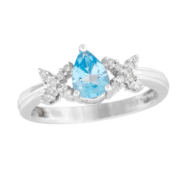 Blue Topaz And 10K White Gold Teardrop Ring With Diamond Accents