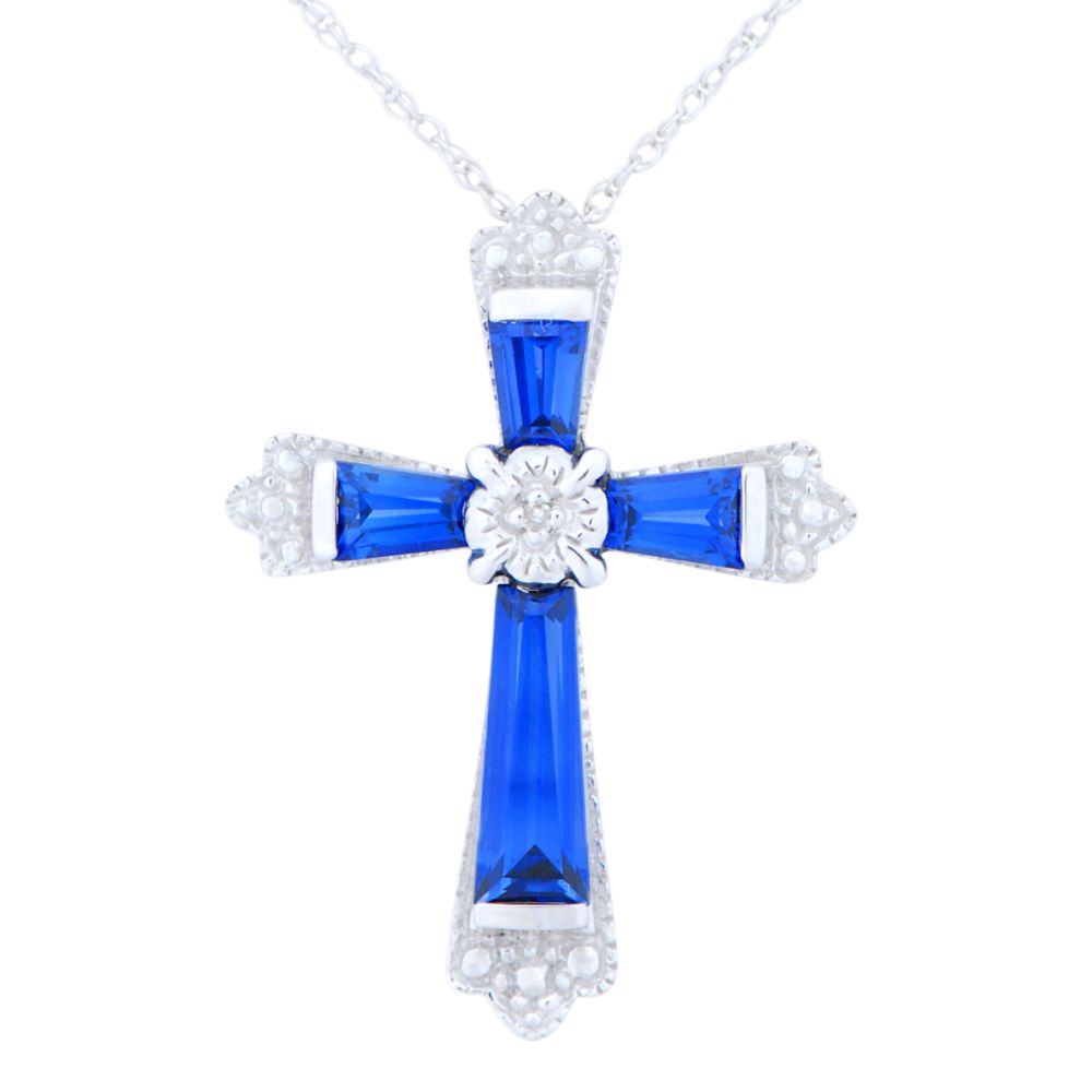 Ceylon Blue Lab Created Sapphire And Diamond Cross Pendant