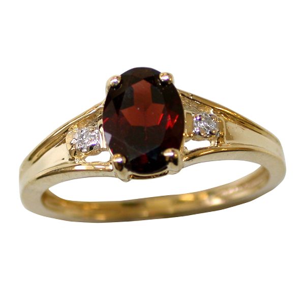 Garnet And Diamond Oval Accent Ring. 10K Yellow Gold