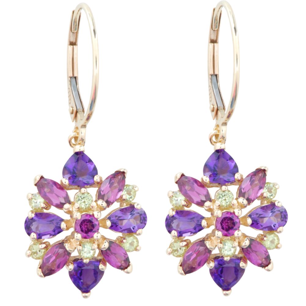 Multi Semi-Precious Stone Leverback Earrings. 10K Yellow Gold