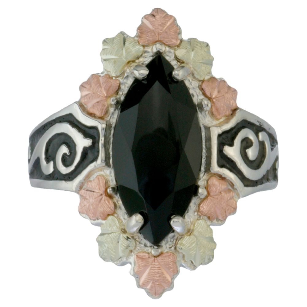 Black Hills Gold Tricolor Sterling Silver Ladies' Marquise Onyx Ring