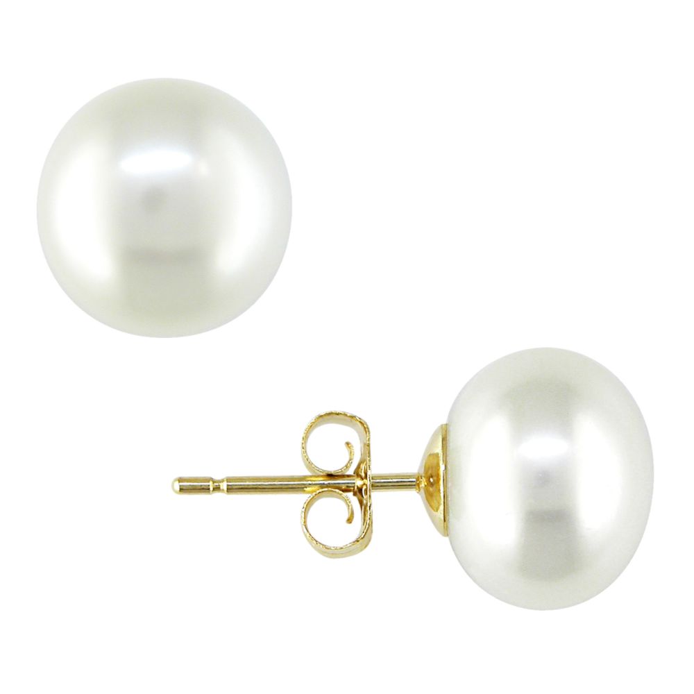 9-10mm White Freshwater Button Cultured Pearl 10k Yellow Gold Stud Earrings
