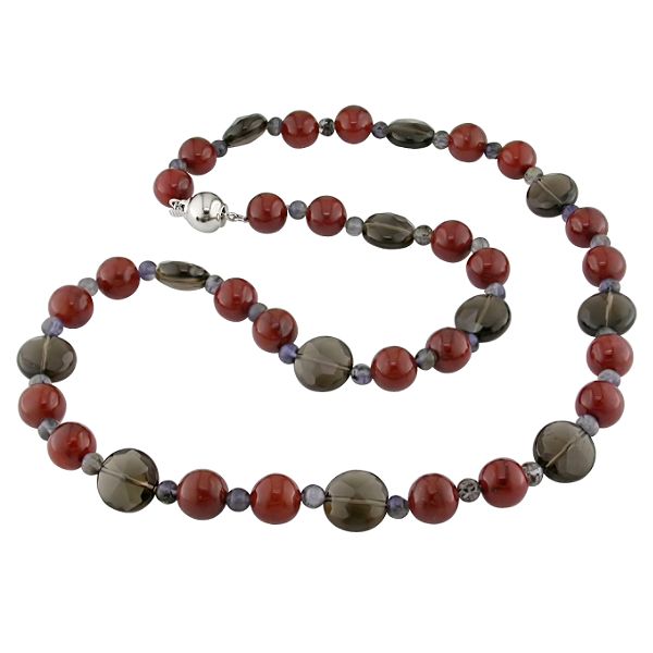 8mm Red Jade, 10mm Smokey Quartz And 4mm Iolite Bead Necklace