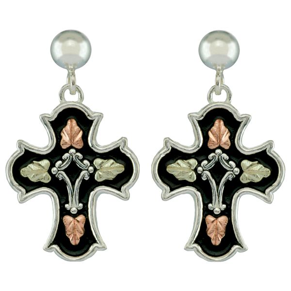 Black Hills Gold Tricolor Sterling Silver Antiqued Cross Earrings