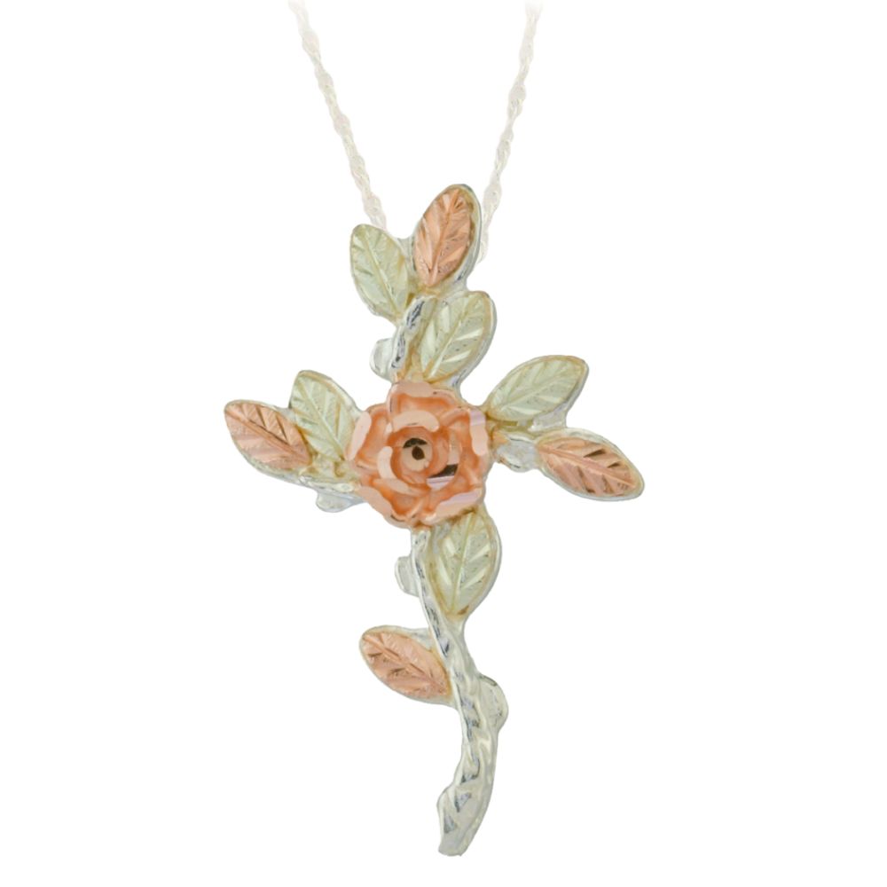 Black Hills Gold Tricolor Sterling Silver Vine Cross Pendant
