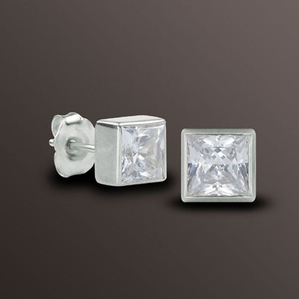 Fine Princess Diamond Stud Earrings In Sterling Silver Bezel Setting