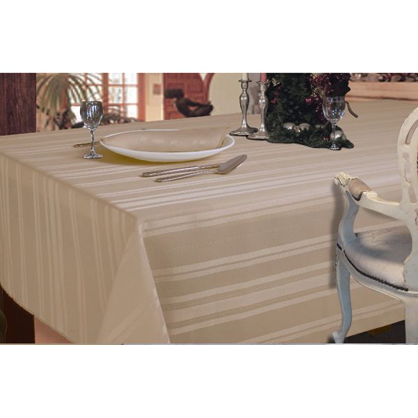 Stain Resistant Satin Stripe Champagne Tablecloth 60 in x 84 in Oval