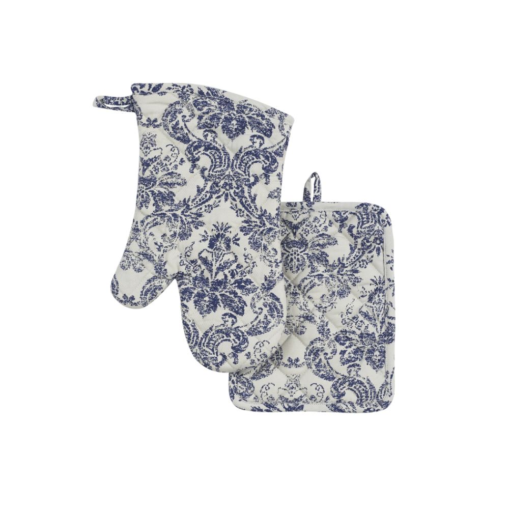 Country Living Blue Scroll Oven Mitt And Potholder Set