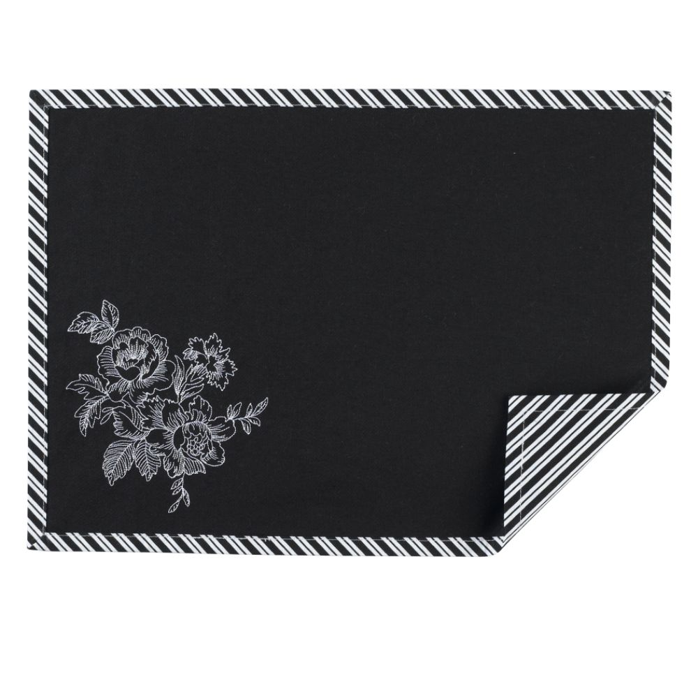 Jaclyn Smith Today Black And White Toile Striped And Embroidered Reversible Placemat
