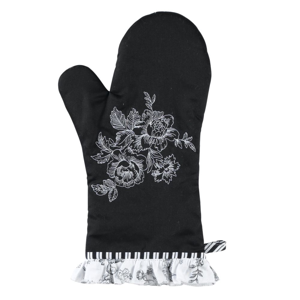 Jaclyn Smith Today Black And White Toile Oven Mitt With Embroidery And Ruffle Trim