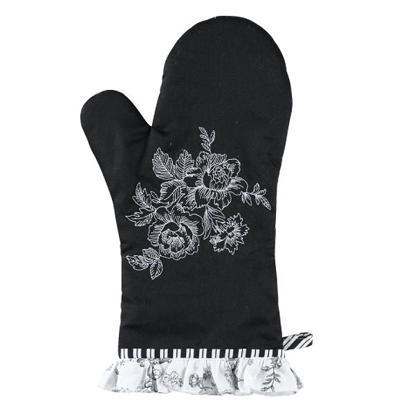 Jaclyn Smith Today Black And White Toile Oven Mitt With Embroidery And Ruffle Trim