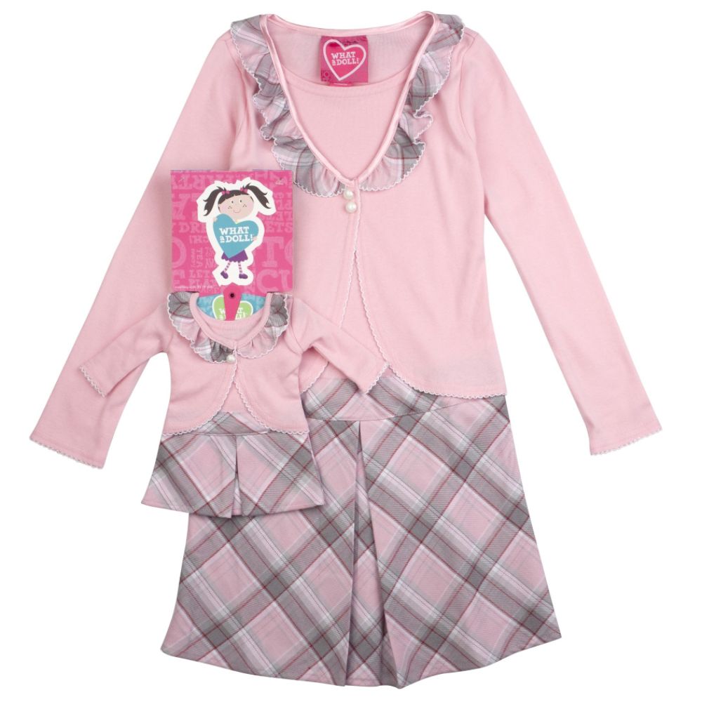 What A Doll Girl's Plaid Print Dress With Doll Dress