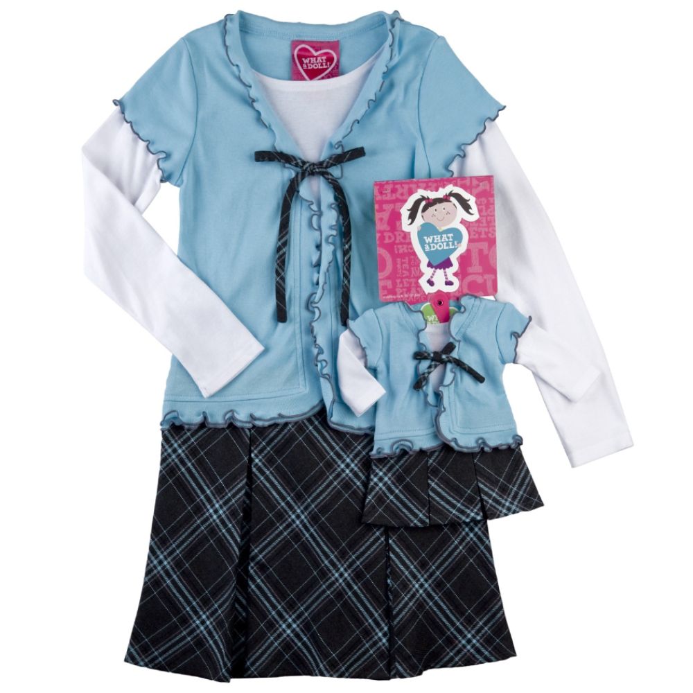 What A Doll Girl's Blue Plaid Print Hangdown Sleeve Dress With Doll Dress