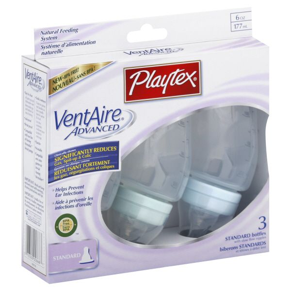 Playtex VentAire Advanced Bottle, Standard, with Slow Flow Nipple, 6 oz, 3 bottles