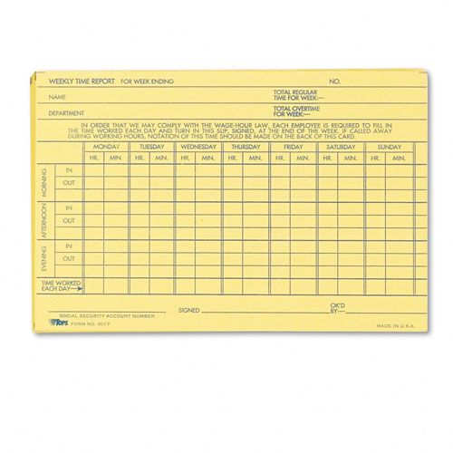 TOPS Rediform Weekly Employee Time Report Card