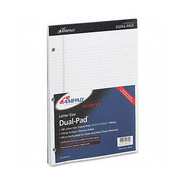 Ampad Evidence Narrow/margin Pad, White, 100 Sheets AMP20346