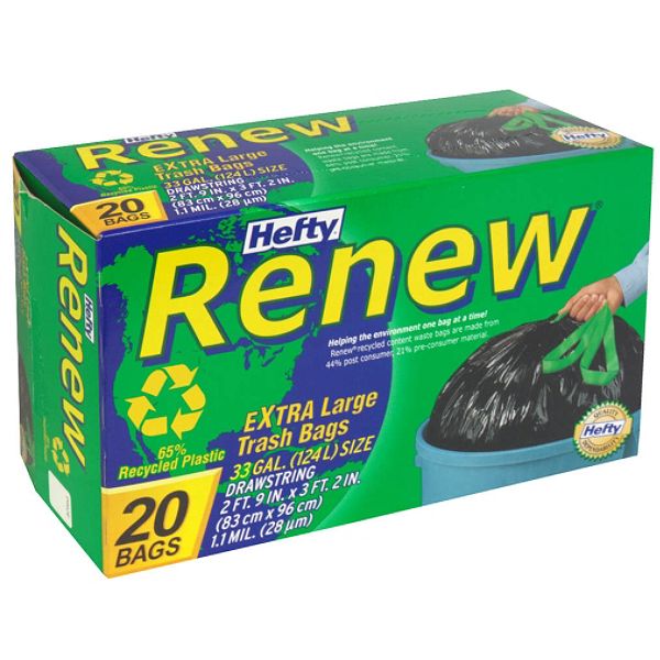 Hefty Renew Trash Bags, Extra Large, Drawstring, 33 Gallon, 20 bags