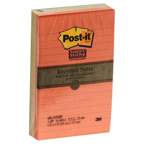 Post-it Recycled Notes, Super Sticky, 4 X 6 Inch, 3 pads