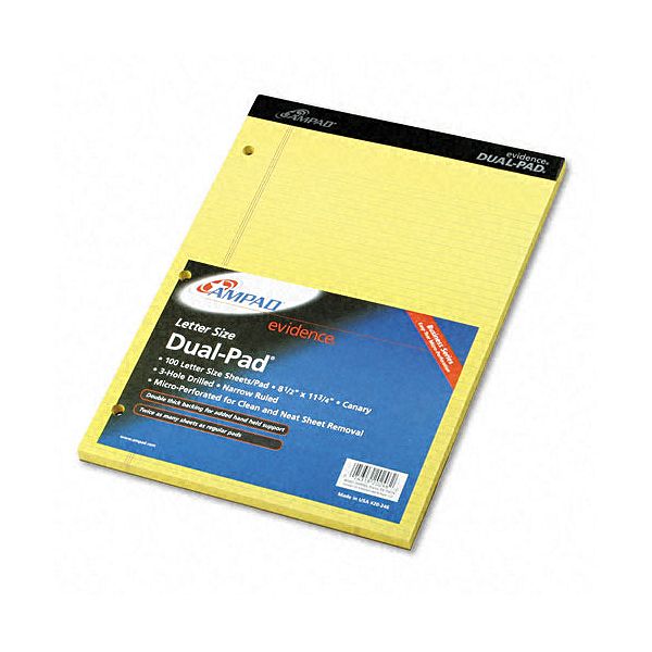 Ampad Evidence Rule Narrow/margin Canary Pad, 100 Sheets AMP20246