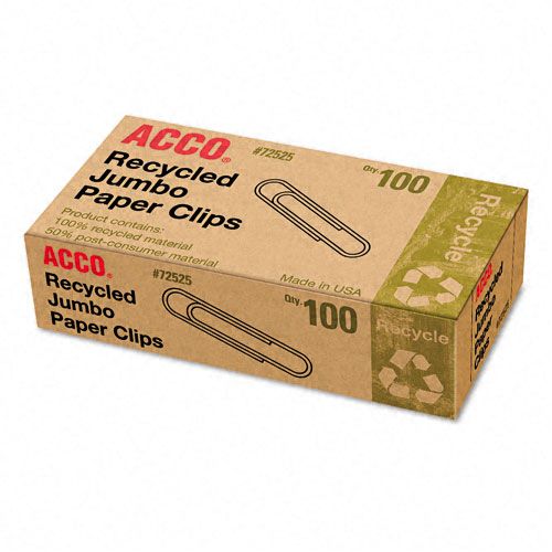 ACCO Recycled Paper Clips Jumbo 100Bx 10 BxPk