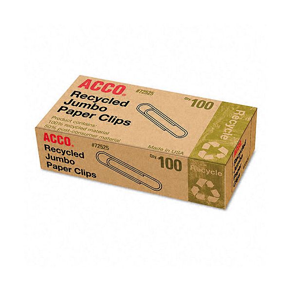 Acco Recycled Paper Clips, Jumbo, 100/bx, 10 Bx/pk ACC72525