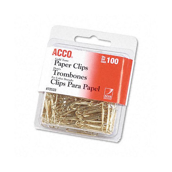 Acco Wire Gold Tone Paper Clips, No. 2 (1-1/8") , 100/bx ACC72533