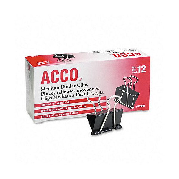 Acco Binder Clips, 5/8" Cap., 1-1/4", Black/silver, 12 ACC72050
