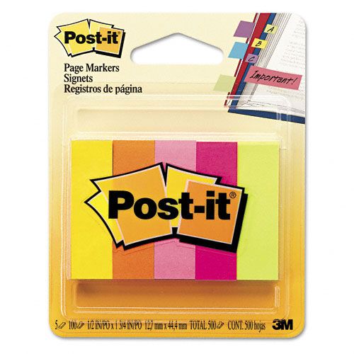 Post-it Page Markers, Five Neon Colors, 100/Pad