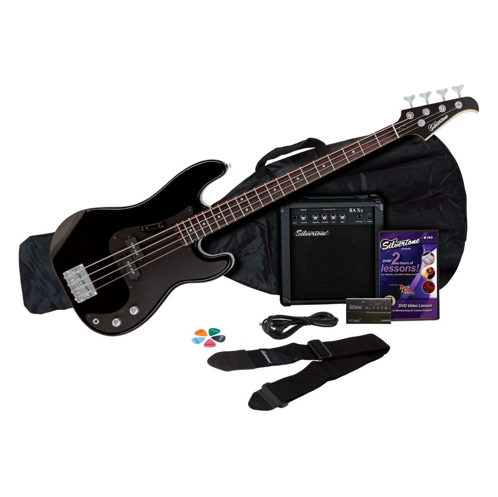 Silvertone SSLB11 Revolver Bass Guitar & Amp Package, Liquid Black